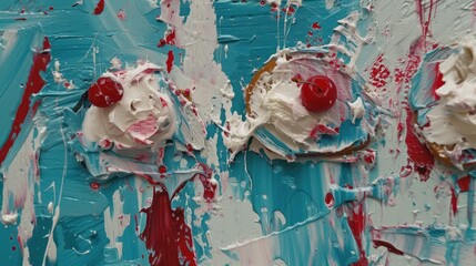 a close up of a piece of art with paint splattered on it and two cherries on top of it.