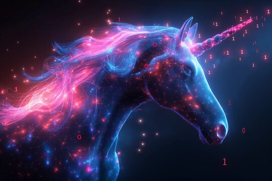 A visually stunning digital unicorn with a swirling neon mane, illuminated by a constellation of binary numbers, set against the tranquil backdrop of a virtual cosmos.