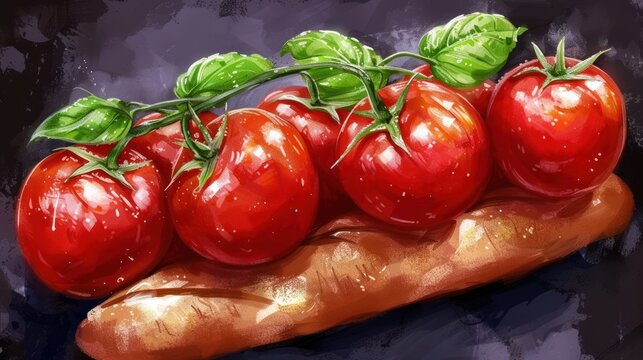 a painting of a bunch of tomatoes on top of a piece of broccoli on a piece of bread.
