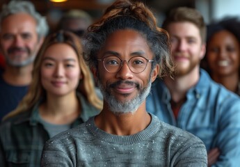 A man with glasses smiling, standing in front of people at a group event.DEIB diversity, equity, inclusion, belonging
