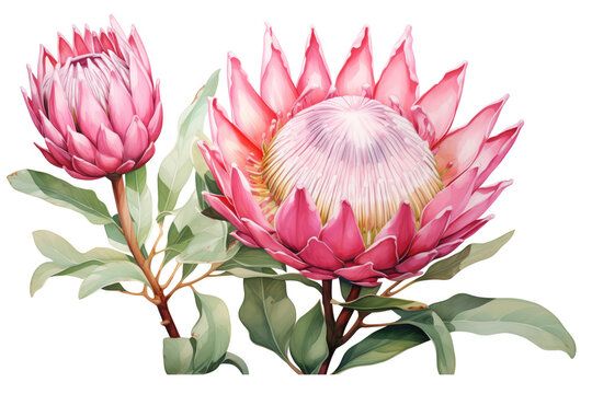A botanical illustration showcasing the detailed beauty of two King Protea flowers in bloom with lush green leaves.