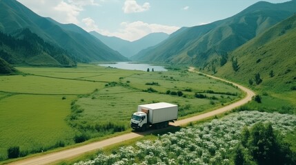 Sustainable energy truck delivering goods in scenic green landscape with majestic mountains