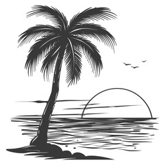 Silhouette Palm tree on the beach with Sunset black color only