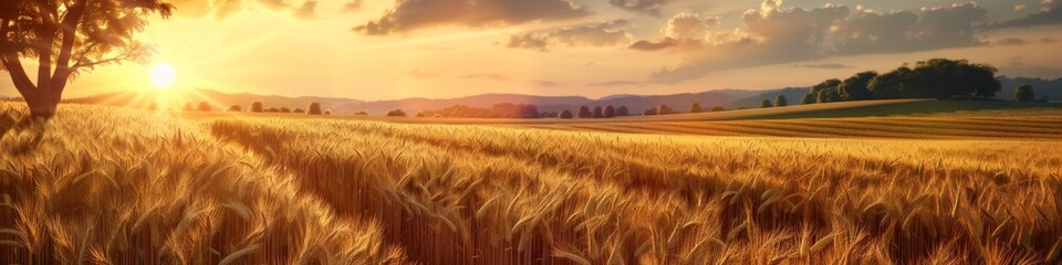 Obraz premium A field of golden wheat with a sun setting in the background, AI
