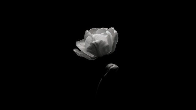 a black and white photo of a single white tulip in the middle of a dark room with a single white tulip in the middle of the picture.