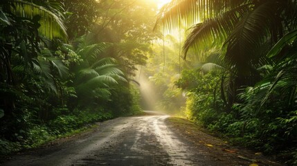 A road in the middle of a jungle with trees on both sides, AI - Powered by Adobe