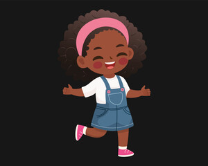 Happy African American Girl on black background. Cute character in vector illustration