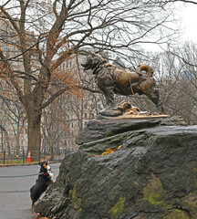 Two dogs. Balto sled dog hero nobly stands rock outcropping, and lively, cheerful dog looks at him from below. Central Park, NYC