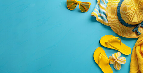 Summer Vacation Essentials on a Bright Blue Background, Inviting Sunny Beach Days