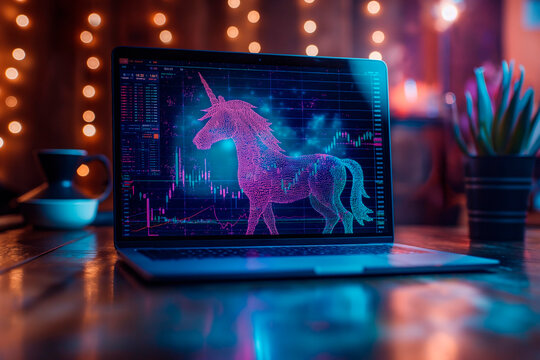 A laptop screen displays a futuristic neon unicorn over a trading graph background, set in a creative workspace with bokeh lights enhancing the tech ambience.