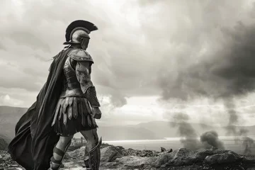Gardinen Warrior Wearing Iron Helmet on Battlefield in Black and White © fotoyou