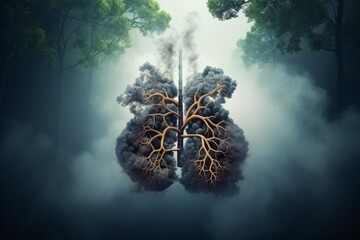 Cigarette butt in lungs illustrating risks of smoking addiction, health consequences - obrazy, fototapety, plakaty