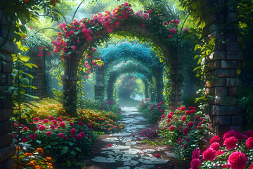 A beautiful, enchanting secret fairytale garden with flower arches and colorful greenery, perfect for fantasy and nature-themed designs - obrazy, fototapety, plakaty