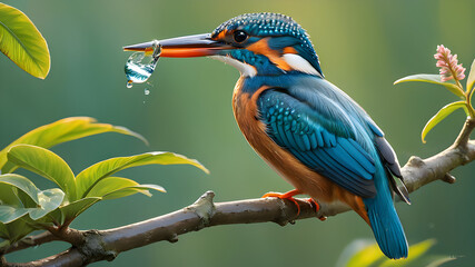 Fototapeta premium A colorful kingfisher and a blue heron with long beaks perch on branches