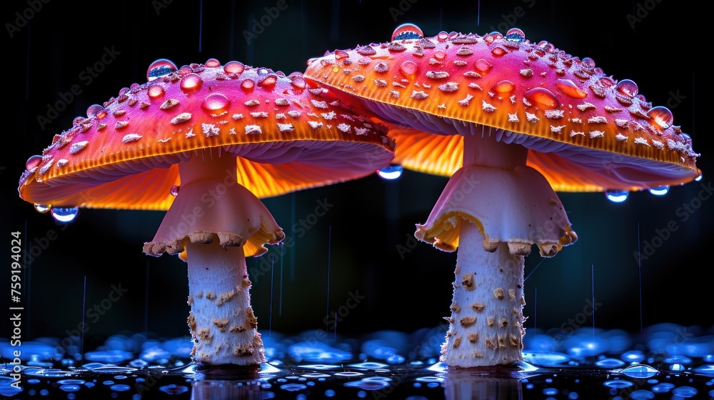 Poster a couple of mushrooms sitting next to each other on top of a field of blue and green grass with drops of water on them.