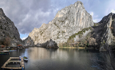 Matka is one of the most popular outdoor destinations in North Macedonia and is home to several monasteries. The Matka Lake within the Matka Canyon is the oldest artificial lake in the country. - obrazy, fototapety, plakaty