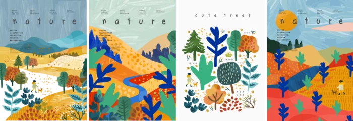 Fototapeten Nature and landscape. Vector cute modern abstract trendy gouache illustrations of trees, park, field, river, forest, hills, sky, clearing, bush for poster, background or card © Ardea-studio