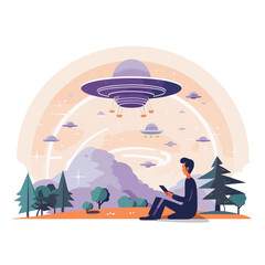 Mann schaut auf Handy während UFOs im Hintergrund landen vektor Illustration - obrazy, fototapety, plakaty