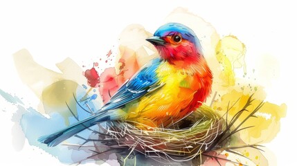 Vibrant Rainbow Bird's Nest Illustration for Children's Book Generative AI