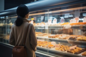 Woman carefully evaluating grocery store products for making well informed shopping choices
