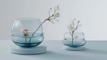a couple of vases with flowers in them on a table with a white wall behind them and a white wall behind them.
