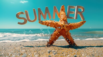 A Bright Orange Starfish and 3D Text ‘SUMMER’ Set Against a Serene Beach Backdrop