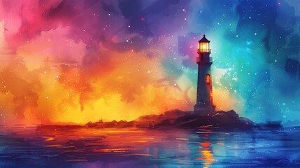 Vibrant Rainbow Lighthouse Guiding Ships at Night - Children's Book Illustration Generative AI - obrazy, fototapety, plakaty