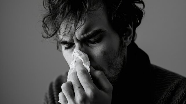 Man Practicing Good Hygiene by Covering His Nose and Mouth While Sneezing - Powered by Adobe