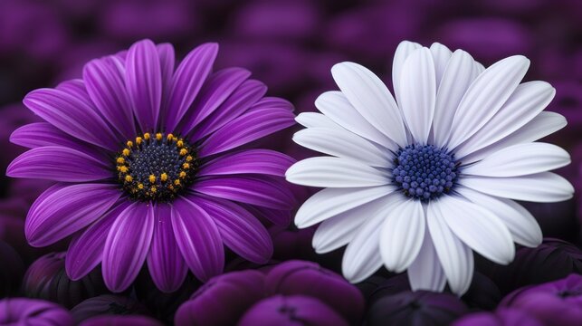 a couple of purple and white flowers sitting on top of a pile of purple and white flowers on top of each other.