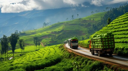 Sustainable energy truck delivering goods in green landscape with majestic mountains