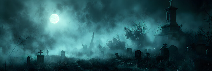 Ethereal Halloween Cemetery Scene Atmospherically ,
 a halloween cemetery and graveyard with a full moon - obrazy, fototapety, plakaty