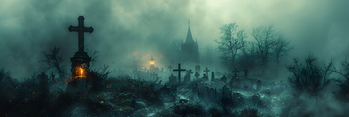 Ethereal Halloween Cemetery Scene Atmospherically ,
Scary graveyard at night with fog Halloween background Halloween concept - obrazy, fototapety, plakaty