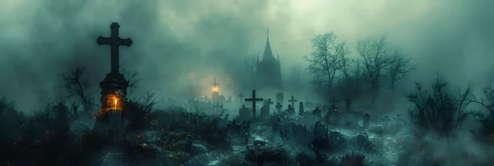 Fotobehang Ethereal Halloween Cemetery Scene Atmospherically , Scary graveyard at night with fog Halloween background Halloween concept © sardar