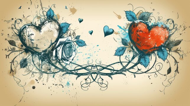 a painting of two hearts surrounded by blue and red flowers and leaves on a beige background with a splash of paint on the left side of the image.