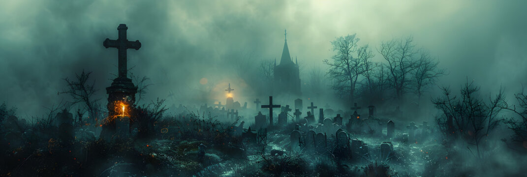 Ethereal Halloween Cemetery Scene Atmospherically ,
Scary graveyard at night with fog Halloween background Halloween concept