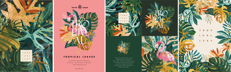 Tropical leaves, plants and flamingo. Vector modern floral illustrations of tropic, palm leaf, monstera, fern, frame, logo, pattern with gold glitter for greeting card, background, label or poster