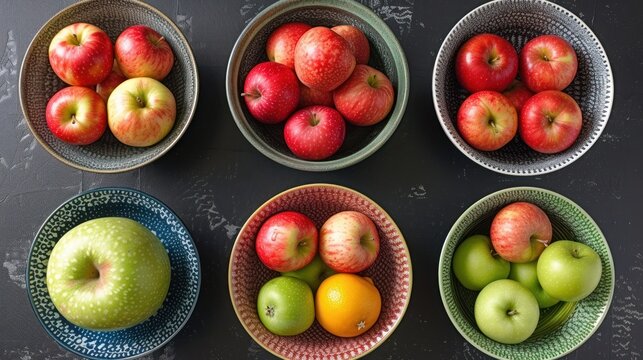 A Set Of Six Bowls Filled With Different Types Of Apples And Oranges On Top Of A Black Counter Top.