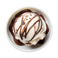 vanilla ice cream ball with chocolate sauce isolated on transparent or white background, png