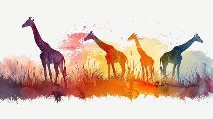 Vibrant Rainbow Giraffes Grazing in a Watercolor Savannah, Children's Book Illustration Generative AI
