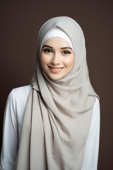 Portrait of islamic woman smiling. Pretty muslim girl. Beautiful asian muslimah woman model posing on grey wall studio. Portrait Of Arab Beauty. copy space - generative ai