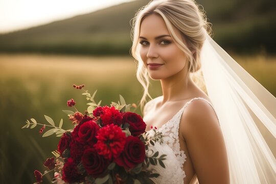 bride in photo session blonde woman with a bouquet of red color flowers