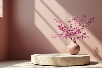 Podium for product assembly with pink wall next to flowers