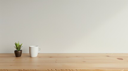 Table with white background wall with a cup and a plant for montage of product or presentation