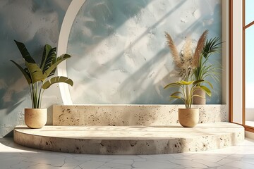 Beautiful render in light blue pastel color and marble and concrete texture with base for product assembly