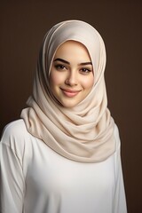Portrait of islamic woman smiling. Pretty muslim girl. Beautiful asian muslimah woman model posing on grey wall studio. Portrait Of Arab Beauty. copy space - generative ai
