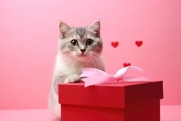 Adorable grey cat peeking out from a vibrant red gift box with hearts.