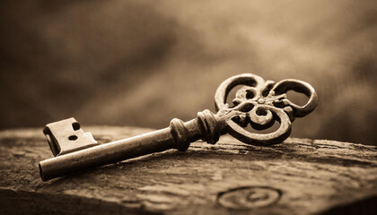 Handcrafted antique brass key. Sepia-toned color. 