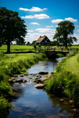 Fototapeta na wymiar Idyllic Danish Countryside: Tranquil Stream, Lush Fields & Traditional Farmhouse