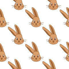 Brown rabbit muzzle pattern. Seamless symmetrical print with Hare face white background. Bunny with ears, mustache. Head of domestic, forest animal. Backdrop with Pet for children. Vector illustration