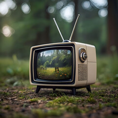 Macro shot, close up - tiny retro tv in nature in fresh morning atmosphere. Blur in the back.